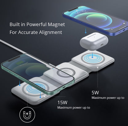 15W Magnetic Wireless Charger 3 in 1 Stand Foldable for iPhone 13 12 Pro/Airpod Pro 3/iWatch 7 6 Portable Fast Chargers