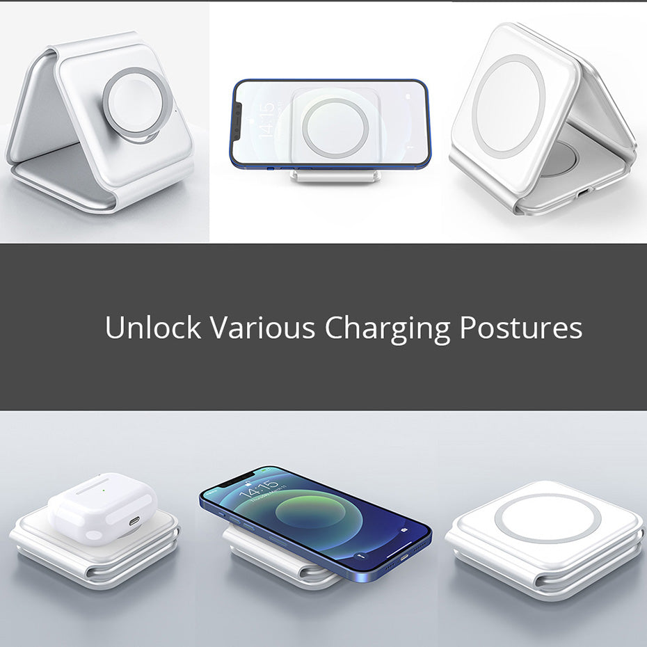 15W Magnetic Wireless Charger 3 in 1 Stand Foldable for iPhone 13 12 Pro/Airpod Pro 3/iWatch 7 6 Portable Fast Chargers